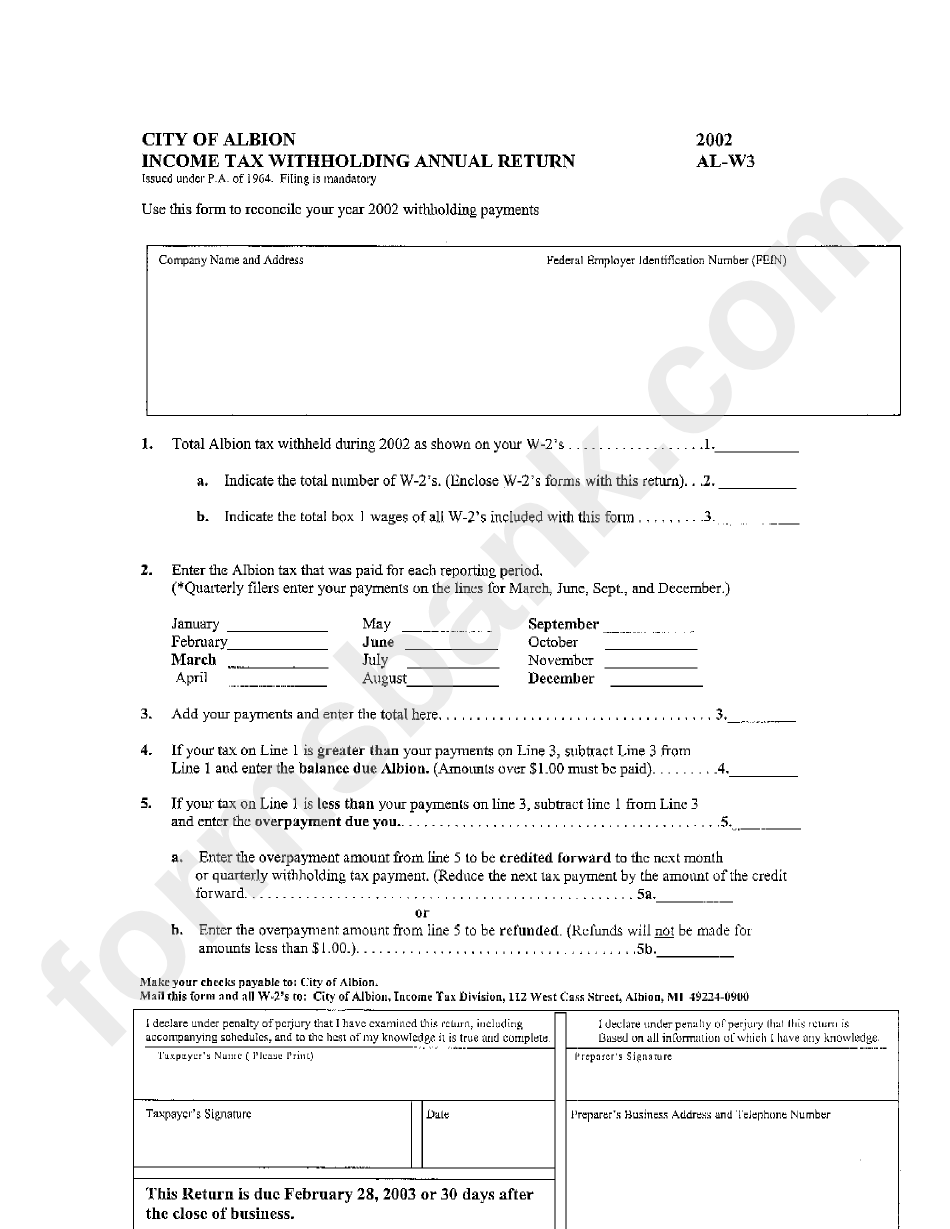 Form Al-W3 - Income Tax Withholding Annual Return - City Of Albion - 2002
