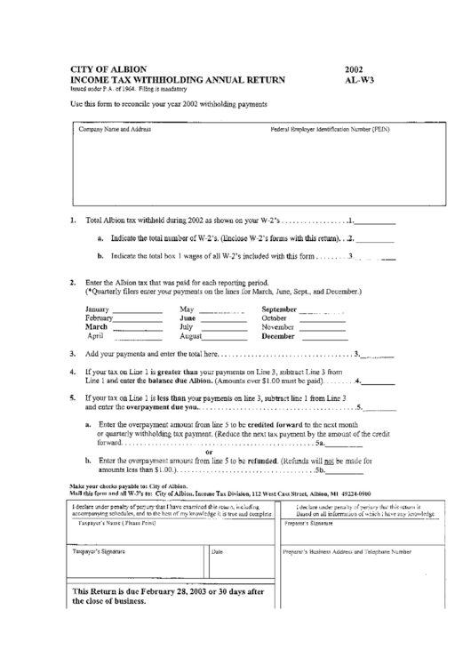 Form Al-W3 - Income Tax Withholding Annual Return - City Of Albion - 2002 Printable pdf