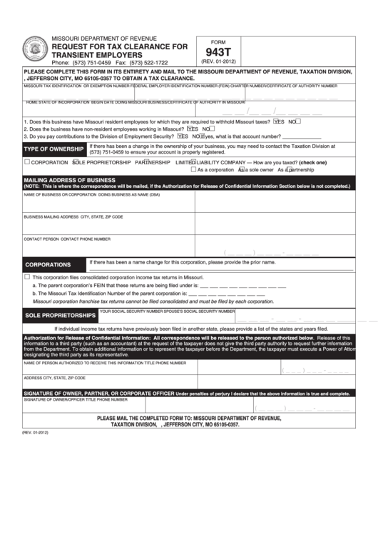 Fillable Form 943t - Request For Tax Clearance For Transient Employers - 2012 Printable pdf