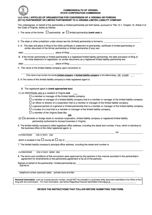 Form Llc-1010.1 - Articles Of Organization For Conversion Of A Virginia Or Foreign Partnership Or Limited Partnership To A Virginia Limited Liability Company Printable pdf
