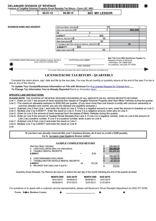 Fillable Form Lq7 9801 - Lessors Of Tangible Personal Property Gross Receipts Tax Return Printable pdf