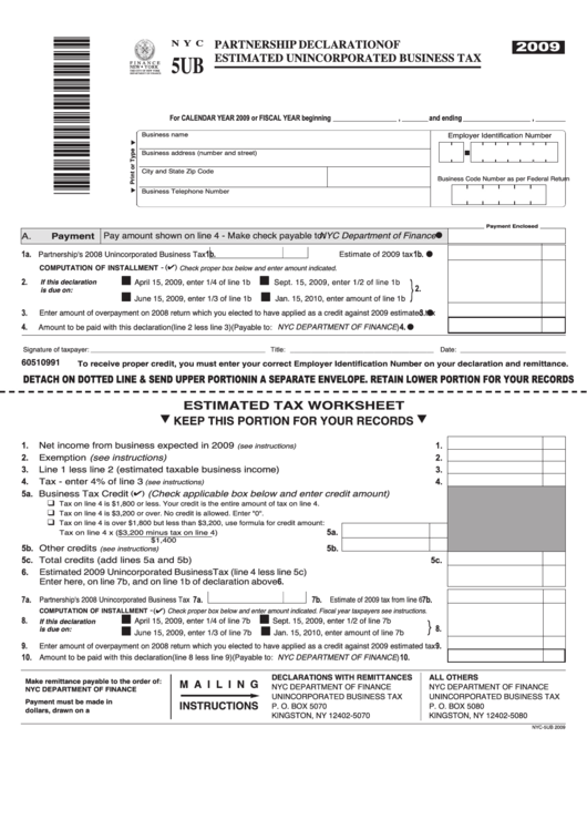 Form Nyc-5ub - Partnership Declaration Of Estimated Unincorporated Business Tax - 2009 Printable pdf