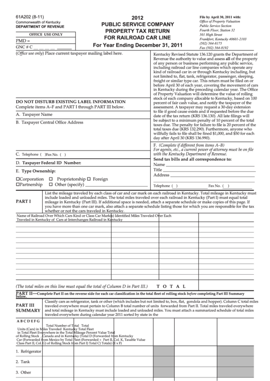 Form 61a202 - Public Service Company Property Tax Return For Railroad Car Line - 2012 Printable pdf