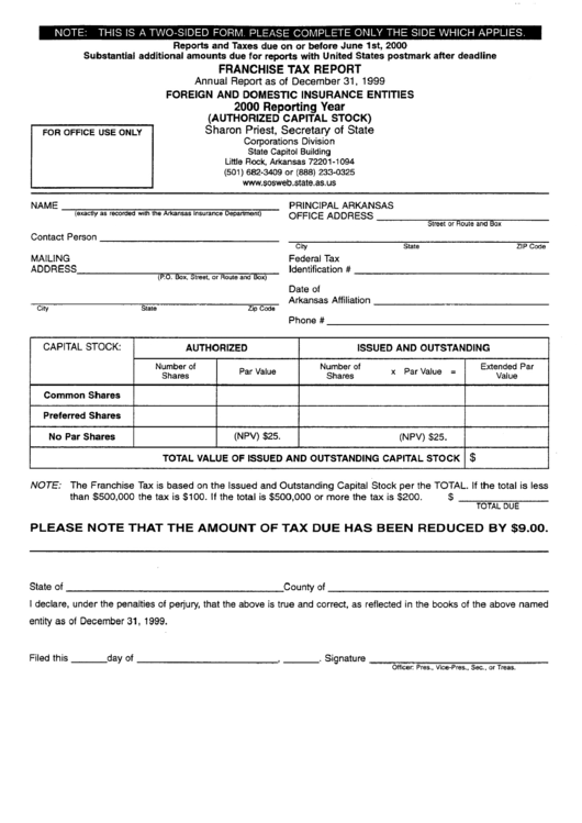 Franchise Tax Report For A Foreign And Domestic Insurance Entities - Arkansas Secretary Of State - 2000 Printable pdf