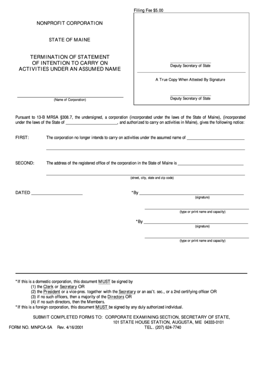 Fillable Form Mnpca-5a - Termination Of Statement Of Intention To Carry On Activities Under An Assumed Name For A Nonprofit Corporation Printable pdf