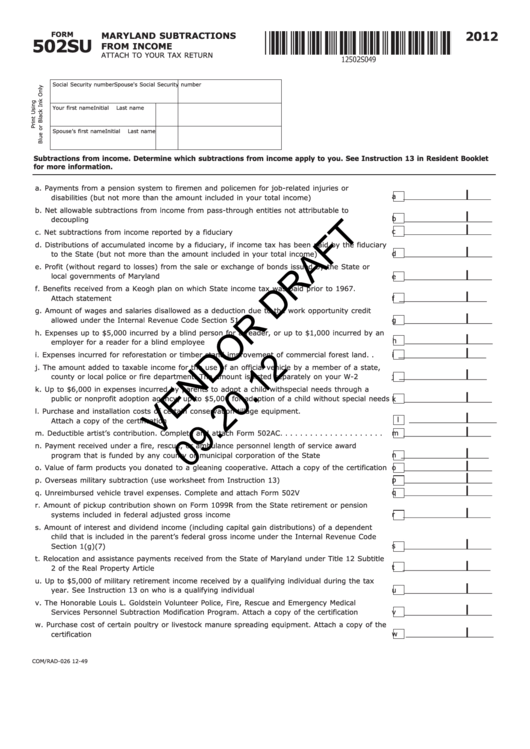 Form 502su Draft - Maryland Subtractions From Income - 2012 Printable pdf