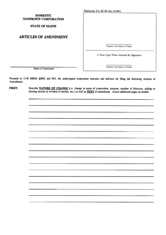Form Mnpca-9 - Articles Of Amendmentt For A Domestic Nonprofit Corporation Printable pdf