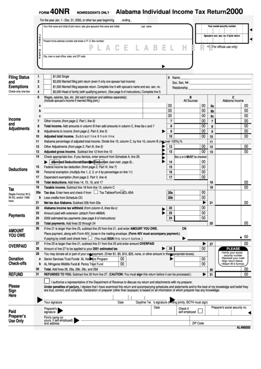 Form 40nr - Alabama Individual Income Tax Return - 2000 Printable pdf