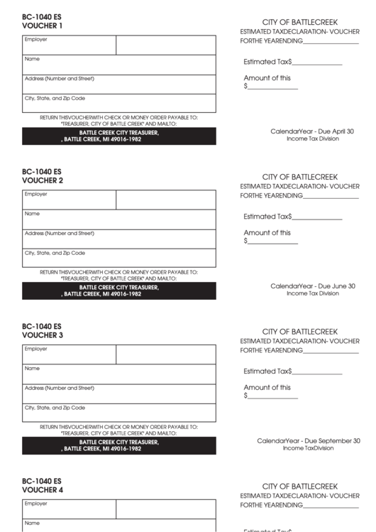 Form Bc-1040 Es - Estimated Tax Declaration Vouchers - Battle Creek City Treasurer Printable pdf