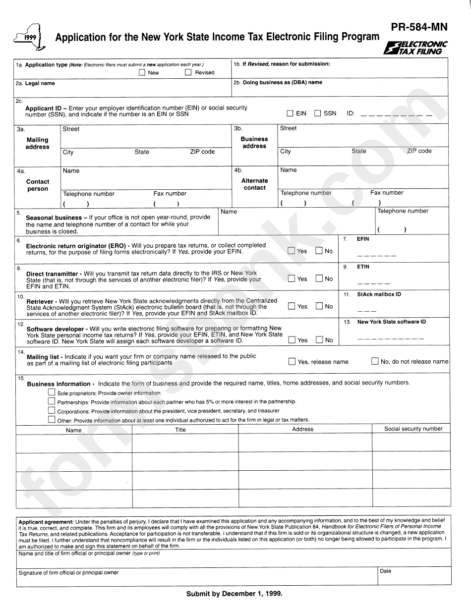 Form Pr-584-Mn - Application For The New York State Income Tax Electronic Filing Program - 1999