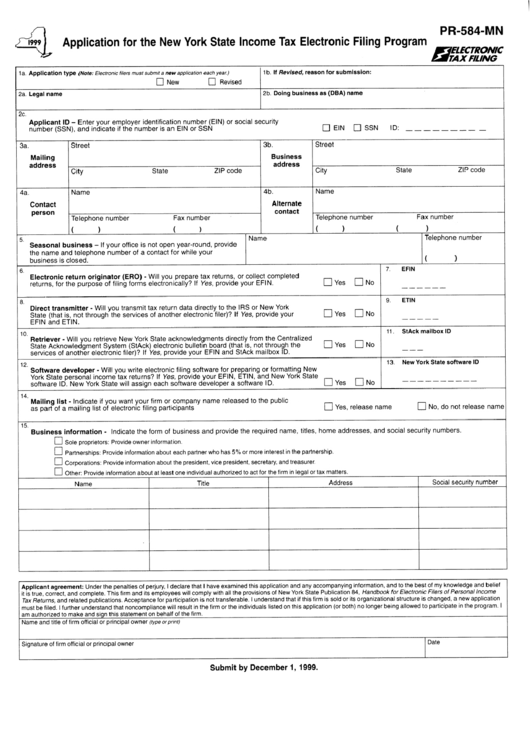 Form Pr-584-Mn - Application For The New York State Income Tax Electronic Filing Program - 1999 Printable pdf