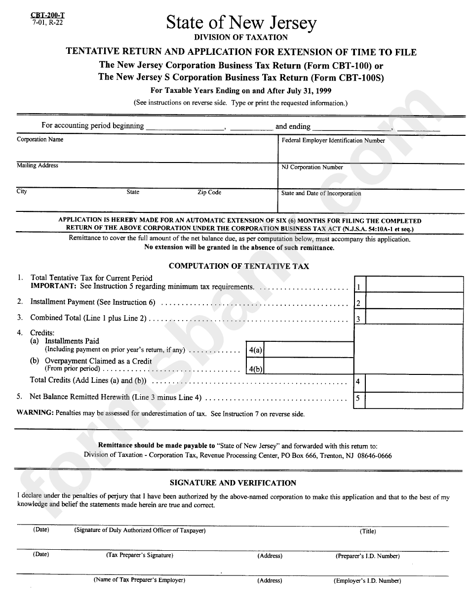 Form Cbt-200-T - Tentative Return And Application For Extension Of Time To File - New Jersey Division Of Taxation