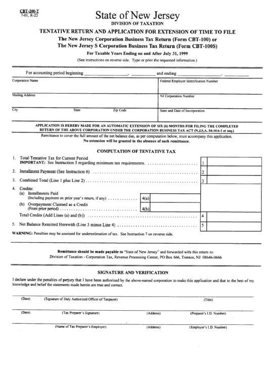 Form Cbt-200-T - Tentative Return And Application For Extension Of Time To File - New Jersey Division Of Taxation Printable pdf