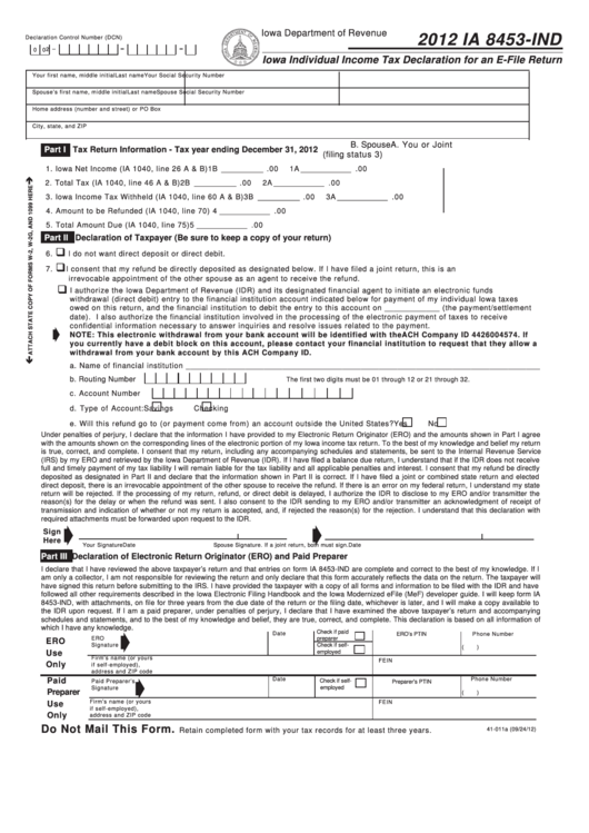 Form Ia 8453-Ind - Iowa Individual Income Tax Declaration For An E-File Return - 2012 Printable pdf