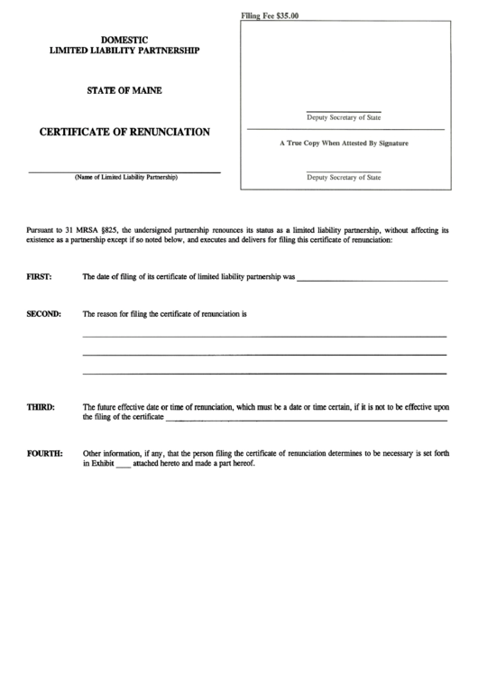Form Mllp-Iir - Certificate Of Renunciation For A Domestic Limited Liability Partnership - Maine Secretary Of State Printable pdf