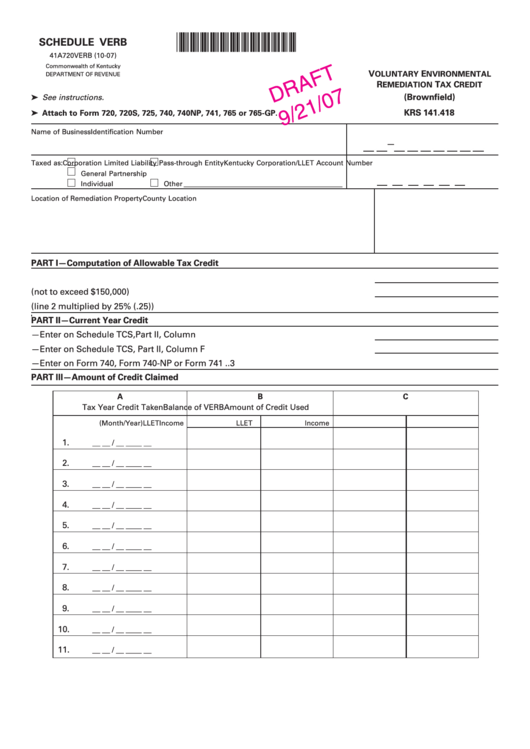 Form 41a720verb Draft - Schedule Verb - Voluntary Environmental Remediation Tax Credit 2007 Printable pdf