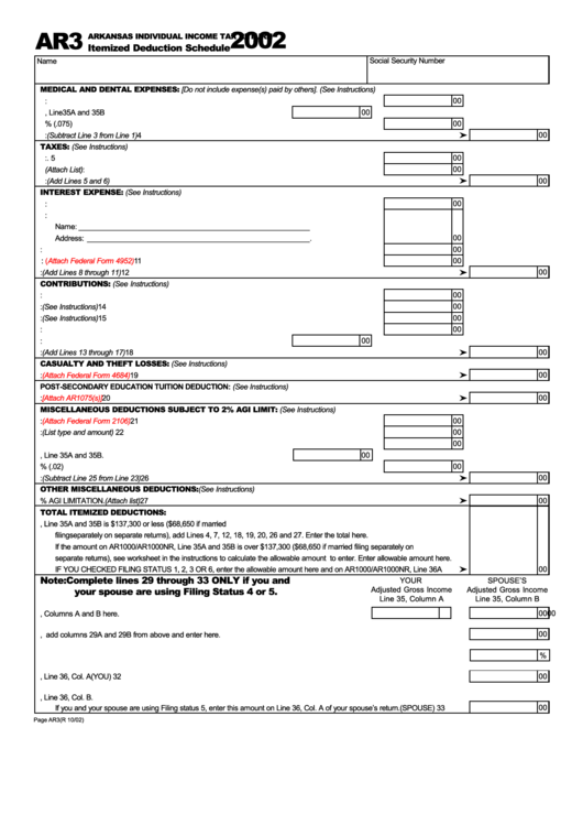 Form Ar3 - Arkansas Individual Income Tax Return - Itemized Deduction Schedule - 2002 Printable pdf