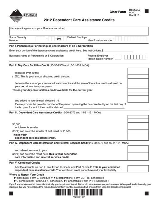Fillable Form Dcac - Dependent Care Assistance Credits - 2012 Printable pdf