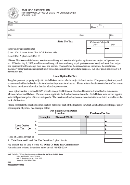 Fillable Form Sfn 22076 - Use Tax Return - Nd Office Of State Tax Commissioner - 2002 Printable pdf