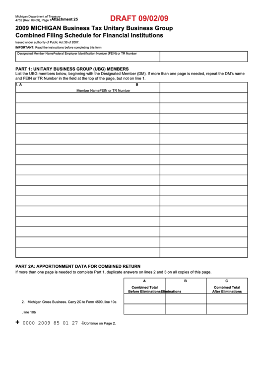 Form 4752 Draft - Michigan Business Tax Unitary Business Group Combined Filing Schedule For Financial Institutions - 2009 Printable pdf
