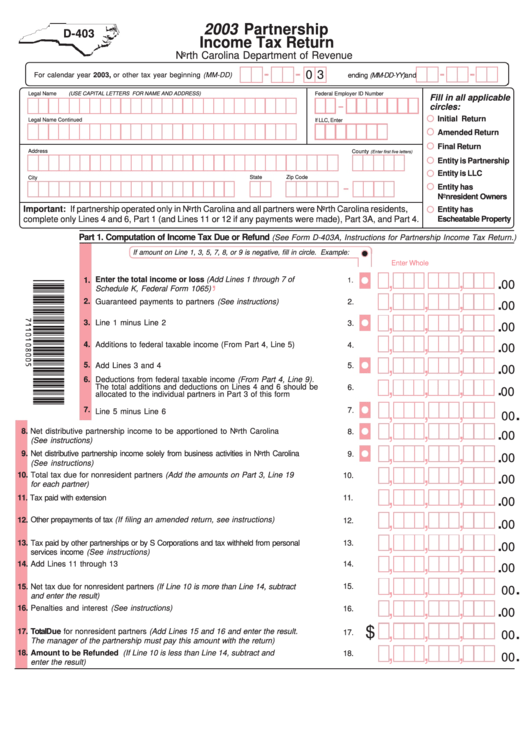 Form D-403 - Partnership Income Tax Return - 2003 Printable pdf
