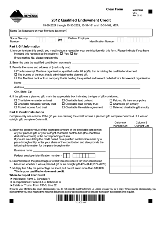 Fillable Montana Form Qec - Qualified Endowment Credit - 2012 Printable pdf