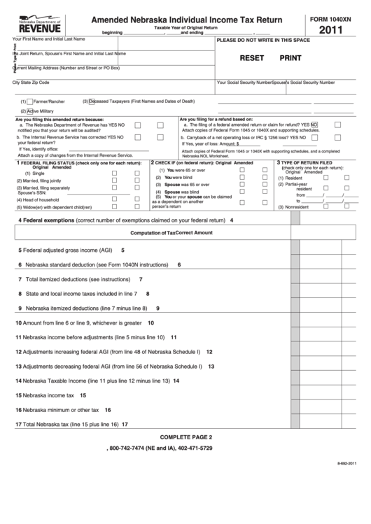 Fillable Form 1040xn - Amended Nebraska Individual Income Tax Return - 2011 Printable pdf