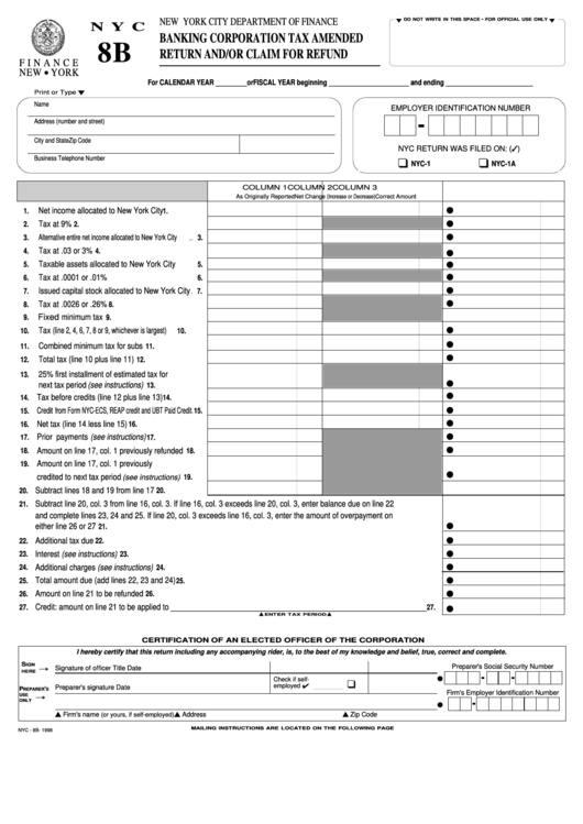 Form Nyc 8b - Banking Corporation Tax Amended Return And/or Claim For Refund Printable pdf
