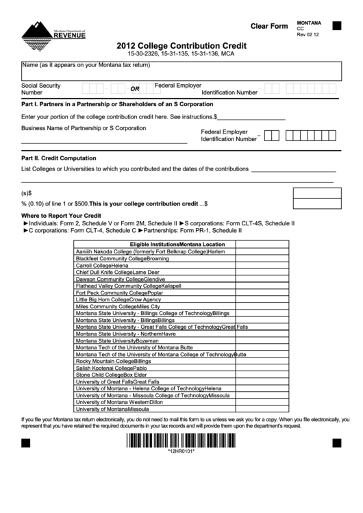 Fillable Montana Form Cc - College Contribution Credit - 2012 Printable pdf