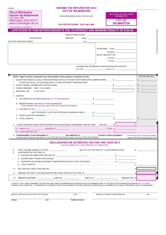 Form Ir - Income Tax Return For 2012 - City Of Wilmington Printable pdf