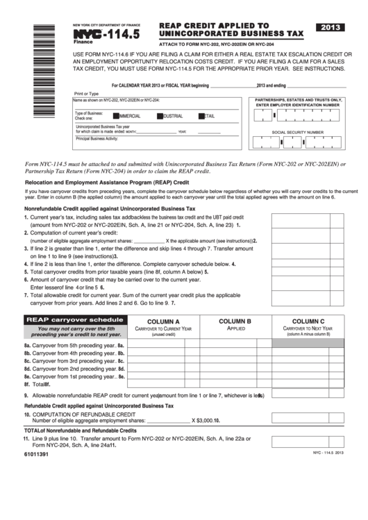 Form Nyc-114.5 - Reap Credit Applied To Unincorporated Business Tax - 2013 Printable pdf