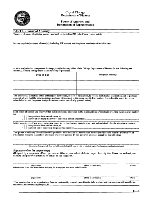 Power Of Attorney And Declaration Of Representative - City Of Chicago Printable pdf