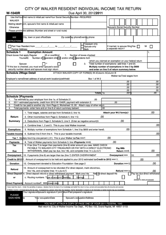 Fillable Form W-1040r - City Of Walker Resident Individual Income Tax Return - 2011 Printable pdf