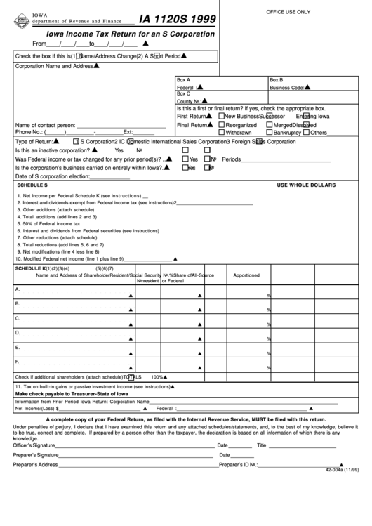 Form Ia 1120s - Iowa Income Tax Return For An S Corporation - 1999 Printable pdf