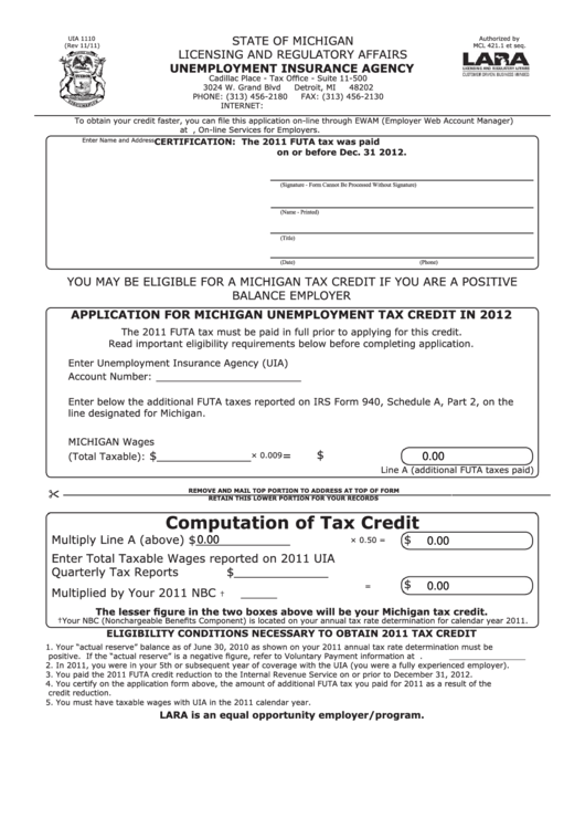 Fillable Form Uia 1110 - Application For Michigan Unemployment Tax Credit In 2012 Printable pdf