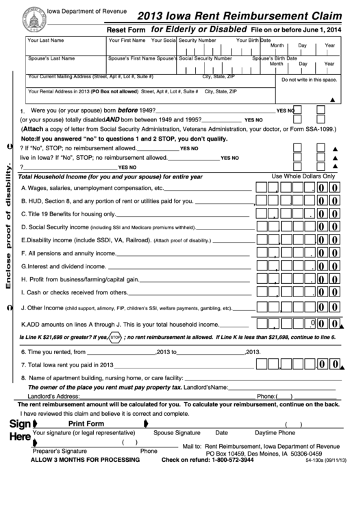 Fillable Form 54-130a - Iowa Rent Reimbursement Claim For Elderly Or Disabled - 2013 Printable pdf