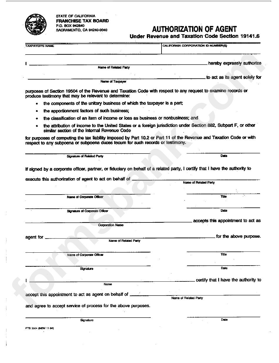 Form Ftb 3564 - Authorization Of Agent - State Of California