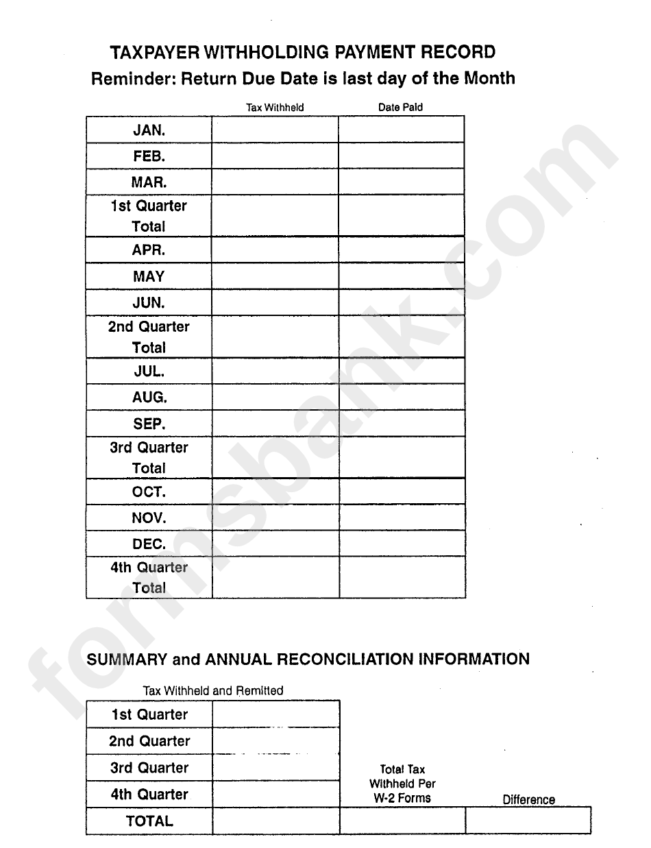 Fillable Taxpayer Withholding Payment Record printable pdf download