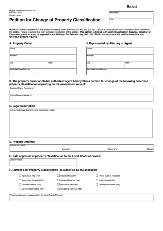 Fillable Form L-4100 - Petition For Change Of Property Classification - Michigan Department Of Treasury Printable pdf