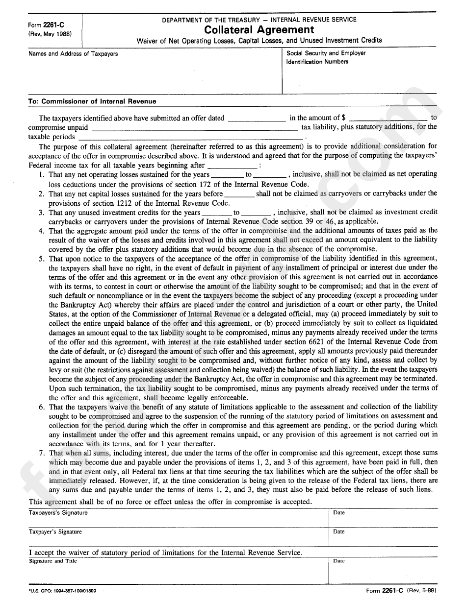 Form 2261-C - Callateral Agreement - Department Of The Treasury