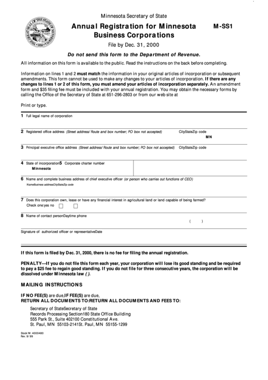 Form M-Ss1 - Annual Registration For Minnesota Business Corporations Printable pdf