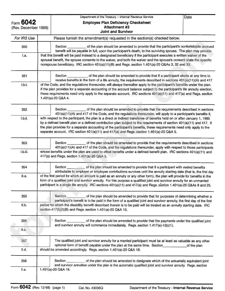 Form 6042 - Employee Plan Deficiency Checksheet Attachment 3 Joint And Survivor