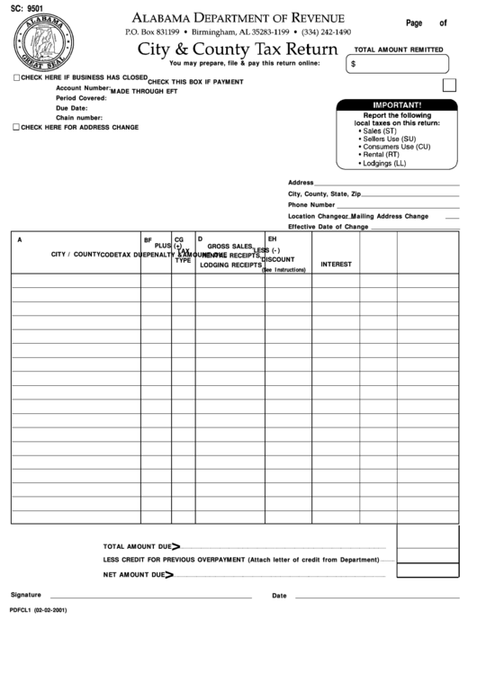 Form Pdfcl1 - City & County Tax Return - State Of Alabama Printable pdf