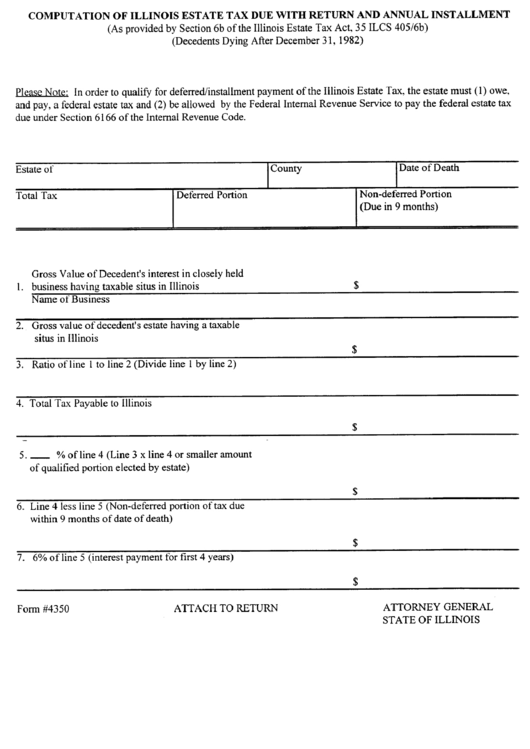 Form 4350 - Computation Of Illinois Estate Tax Due With Return And Annual Installment Printable pdf