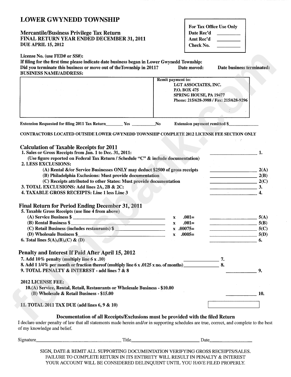 Mercantile/business Privilege Tax Return - Lower Gwynedd Township ...