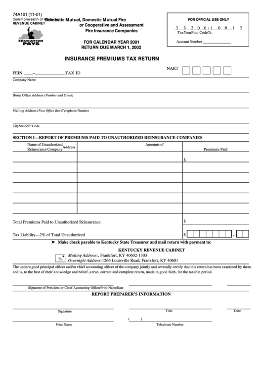 Form 74a101 - Insurance Premiums Tax Return - Commonwealth Of Kentucky - 2001 Printable pdf