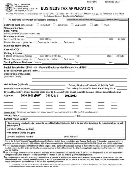 Fillable Business Tax Application - City Of Los Angeles Office Of Finance Printable pdf