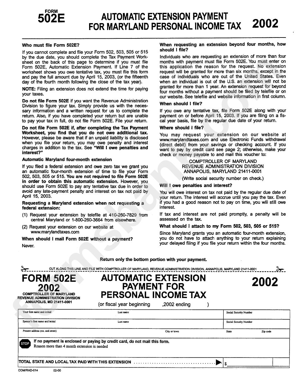 Form 502e - Automatic Extension Payment For Maryland Personal Income Tax 2002