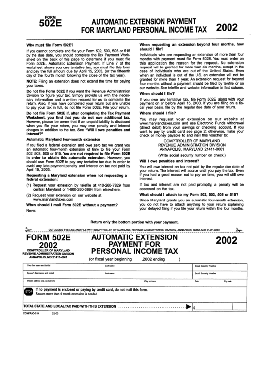 Form 502e - Automatic Extension Payment For Maryland Personal Income Tax 2002 Printable pdf
