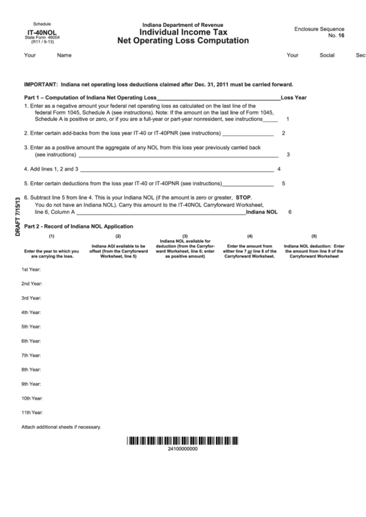 Form 46004 - Schedule It-40nol - Individual Income Tax Net Operating Loss Computation Printable pdf